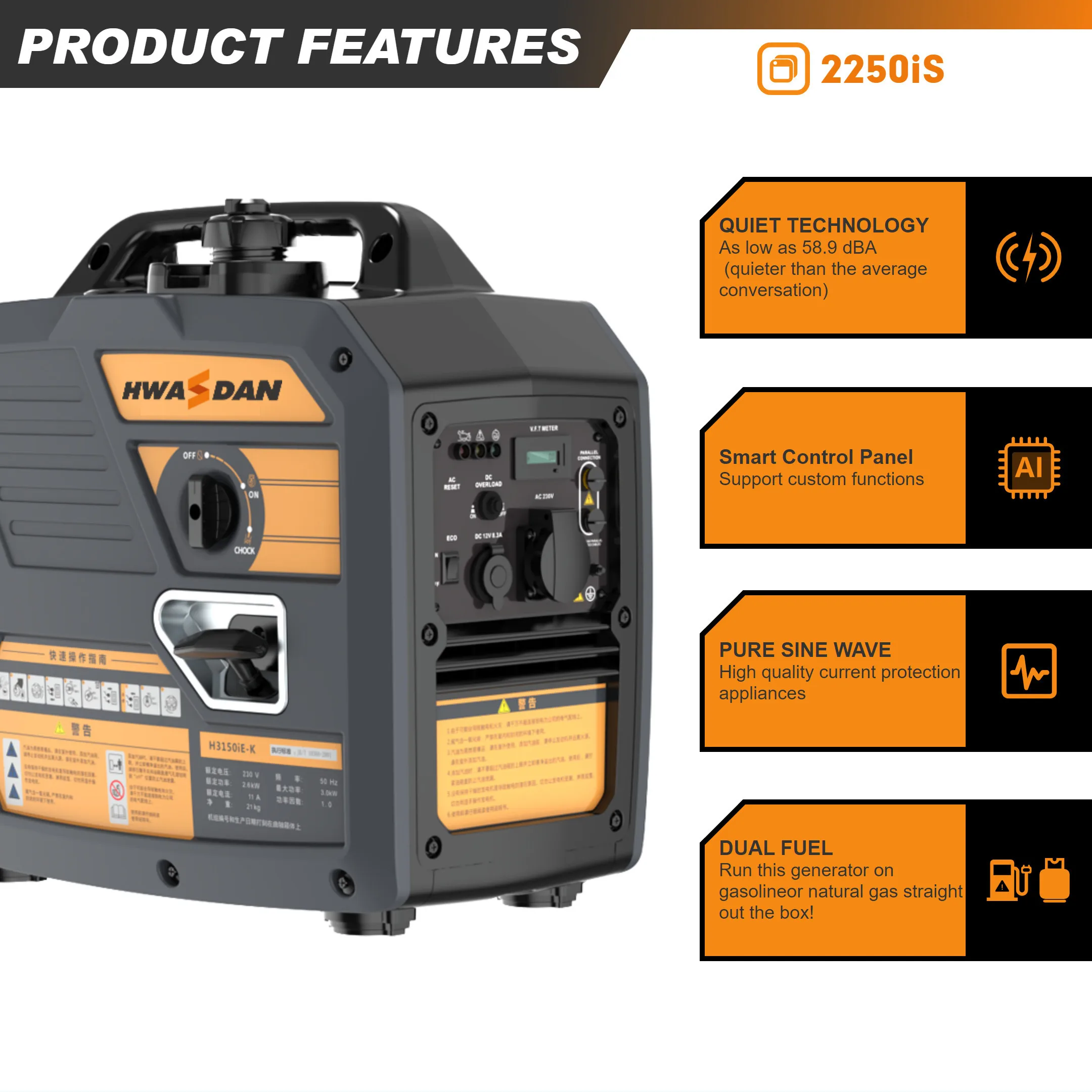 Hwasdan 1.8kw 2kw small portable gasoline engine generator inverter 220 volt 50 hz inverter generator china