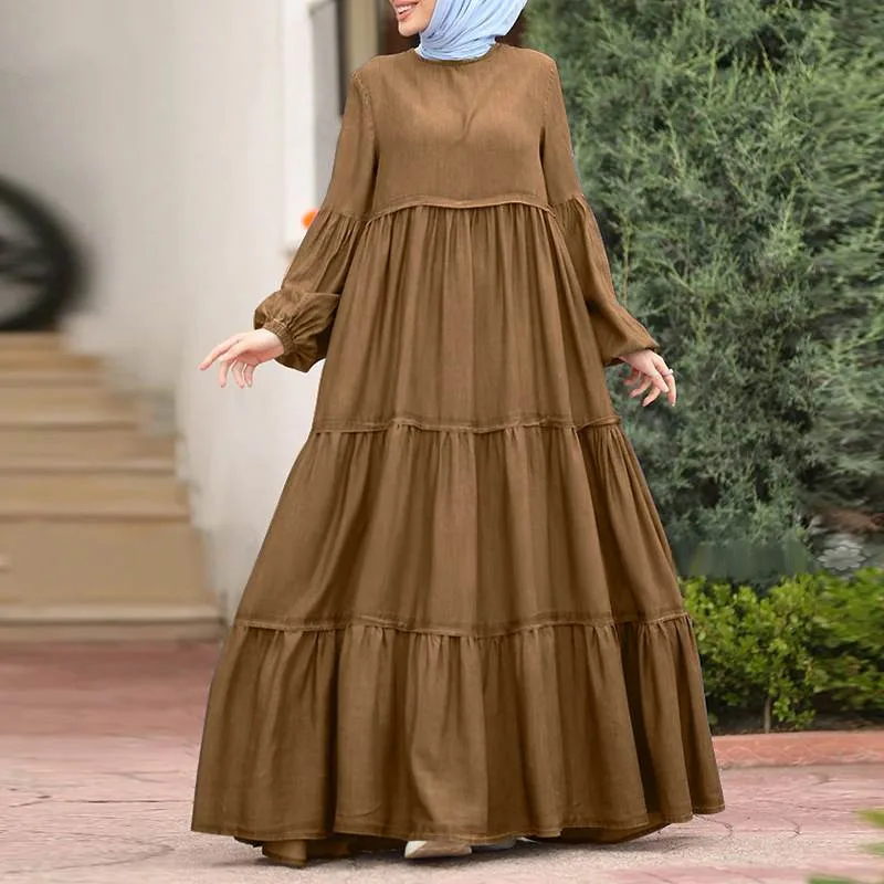 Muslim Long Dress Lady New Model Abaya In Dubai Solid Color Long Muslim Dress Women Casual Pleated Abaya Women Muslim Dress