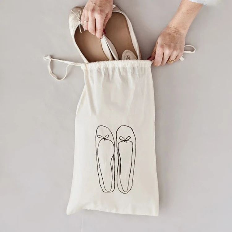 Custom Printed White Cloth Recycled Fabric Cotton Drawstring Shoe Bag With Logo