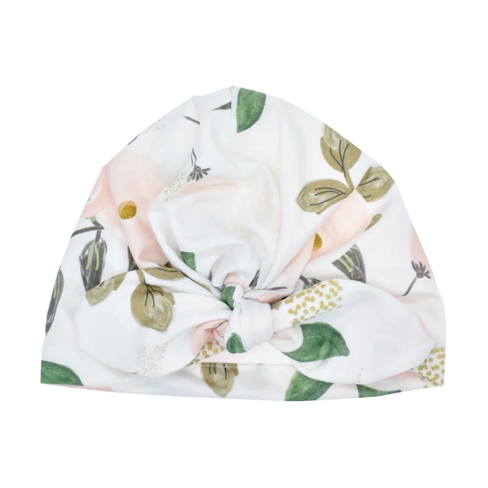 Cute Flower Design New Born Baby Cotton Hat Soft Unisex Baby Custom Printed Turban Knot Bow Cap