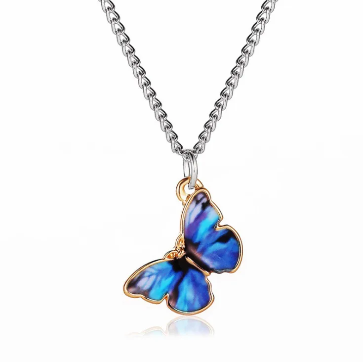 2022 hot sale women color painting oil blue butterfly necklaces girl simple butterfly pendant chain bracelets and necklaces
