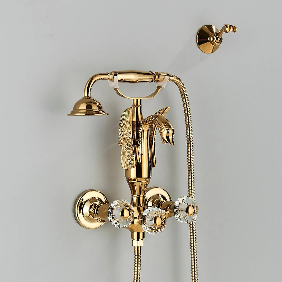 Luxury Golden Bathroom Swan Bathtub Faucet Wall Mounted Cold Hot Water Bath Shower Mixer Tap Brass Handshower Crystal handwheel