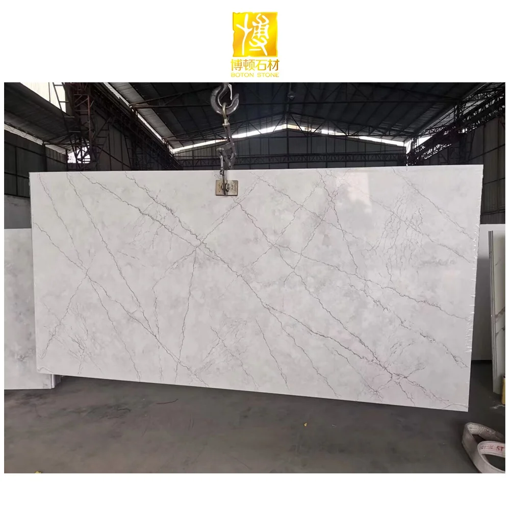 BOTON STONE Real Quartz Stone Production Line Grey Calacatta Quartz Floor Slabs