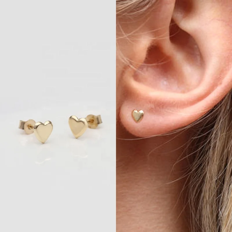 New model 14k real golden heart shaped studs tiny solid gold earrings for party