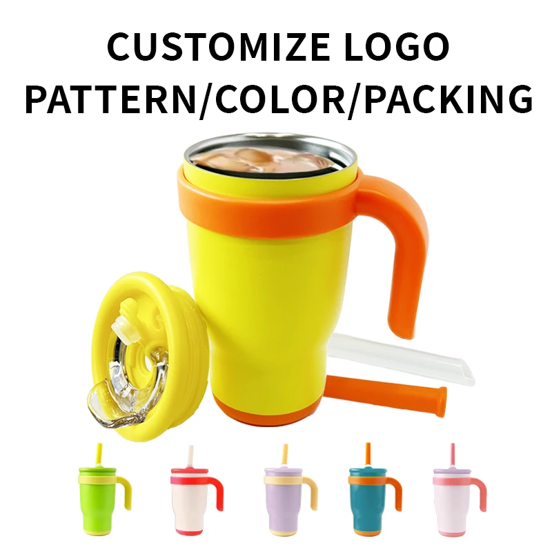Customizable 14oz Kids Tumbler with Handle and Silicone Straw Thermal Insulated Stainless Steel Reusable for Toddlers