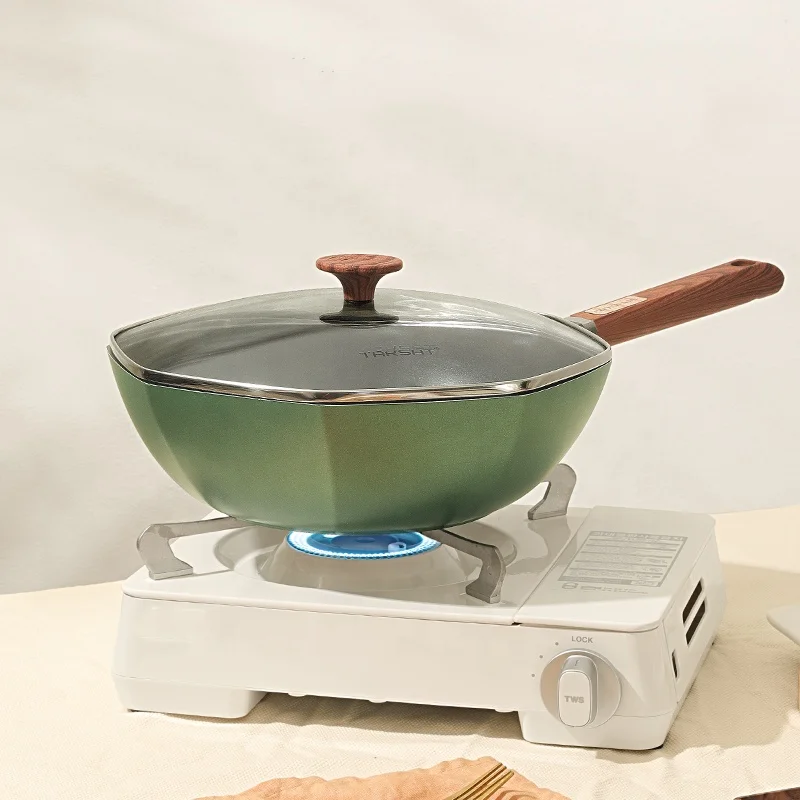 30cm Yellow Star Anise Wok Large Capacity Lightweight Octagonal Nonstick Aluminium Saute Pans