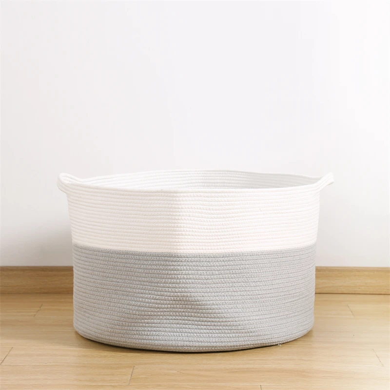 Large Woven Coil Storage Container Foldable Cotton Rope Laundry Basket with Handles