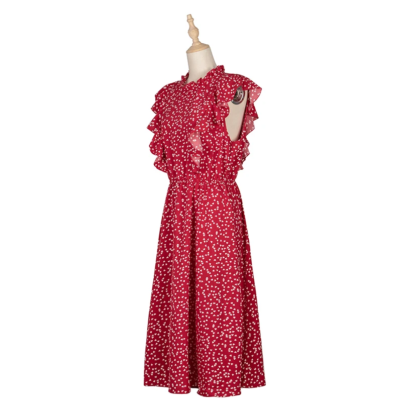 Womens Dress 2020 New Elegant Summer Chiffon Floral Print Ruffle A-line Sundress Casual Fitted Clothes Knees Dresses