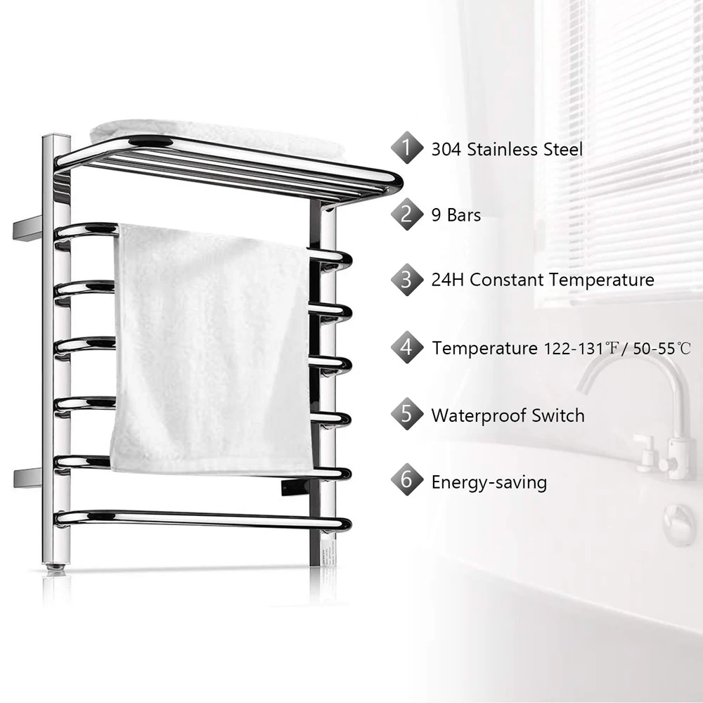 Towel Warmer 9 Bars Plug-in Stainless Steel Heated Towel Rack,Built-in Thermostat