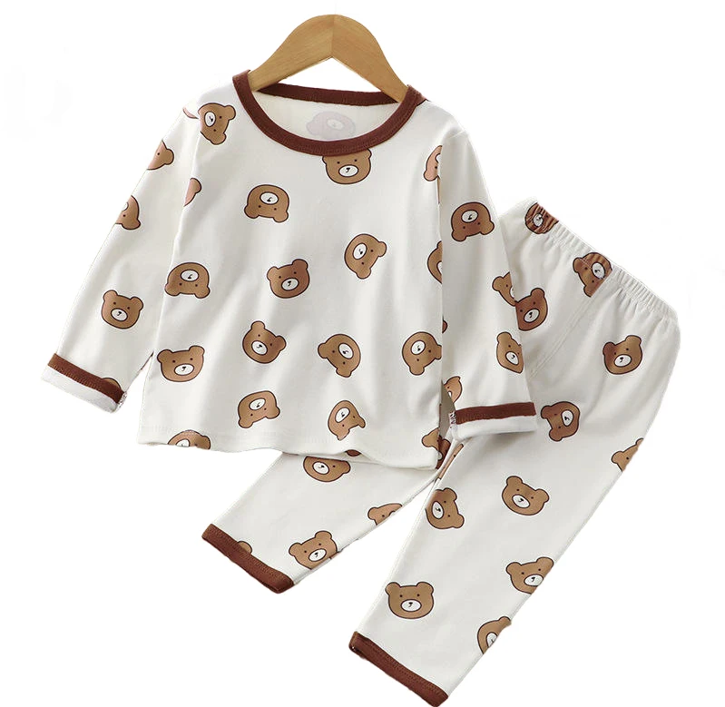 Rarewe Wholesale Boy Girl Cute Home Wear Clothes 2pcs Set Solid Color Animal Printing Kids Sleepwear Children Soft Pajamas
