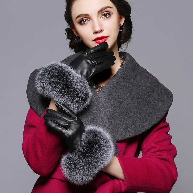 QIUCHEN QC21173 HOT SALE Fashion Winter Warm Genuine Sheepskin Motorcycle Leather Gloves With Real Fox Fur