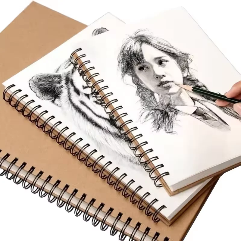 60 Sheets 160gsm Thicken Paper Hardcover Sketchbook OEM ODM Portable A3 A4 A5 Brown Wire Bound Kraft Sketchbooks