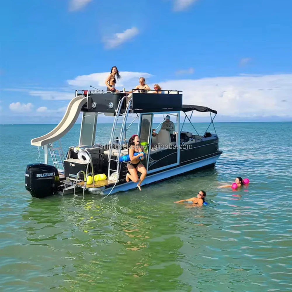 Summer New Product CE Approved Double Decker Fishing Boat Aluminum Pontoon Boat with Bar for Sale