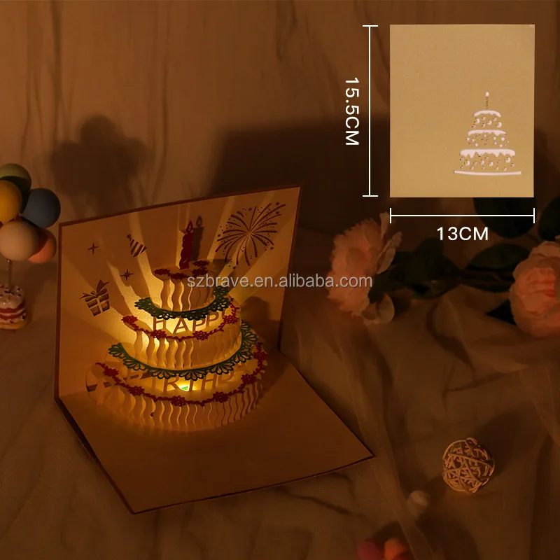 Wholesale LED Light Birthday Cake Musical Happy Birthday Card Postcards Laser cutting 3D Pop Up Greeting Cards for Mom, kids