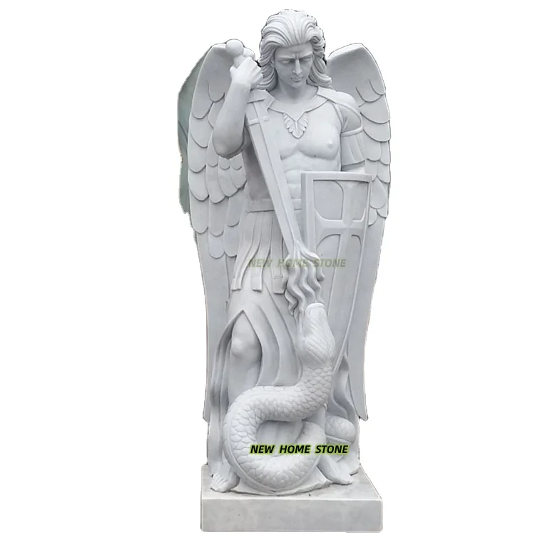 Church White Marble Hand Carve Customize Saint St. Michael Garden Angel Sculpture Marble Archangel Statue