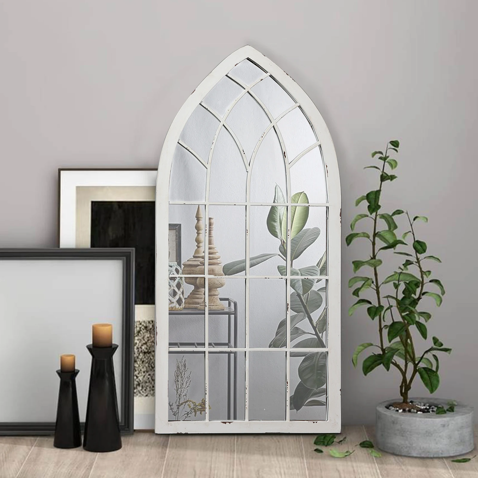 Antique Classic Rustic Cathedral Gothic Arch Style Farmhouse Windowpane Decorative Framed Customized Stand Floor Wall Mirror