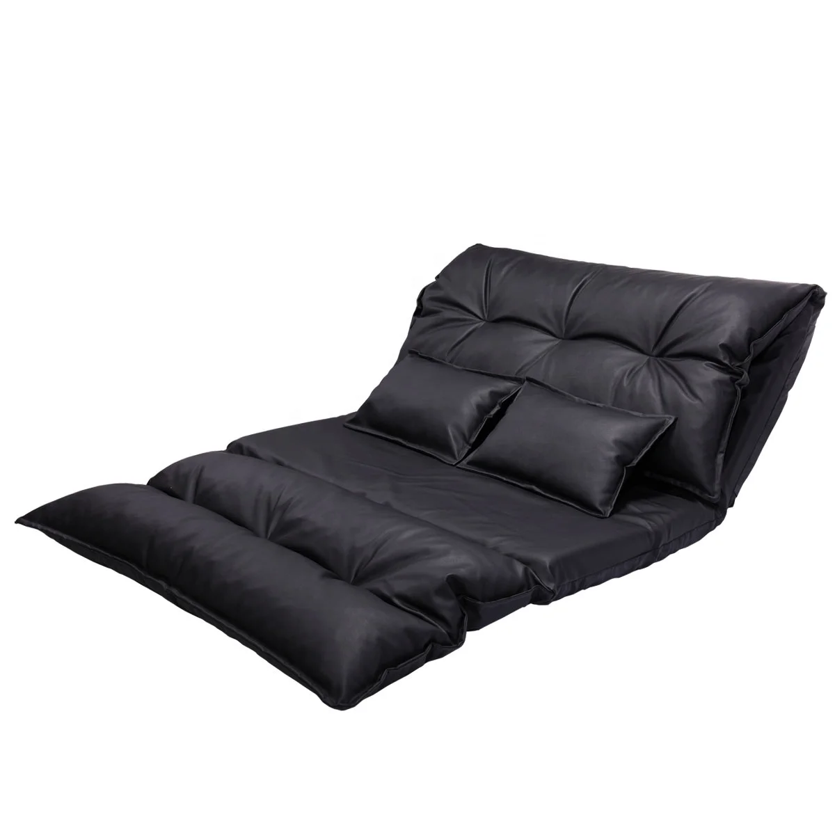 Adjustable Floor Sofa Bed with 2 Pillows, Folding Chaise Lounge Sofa Chair with 5 Reclining Position for Living Room, PU Leather