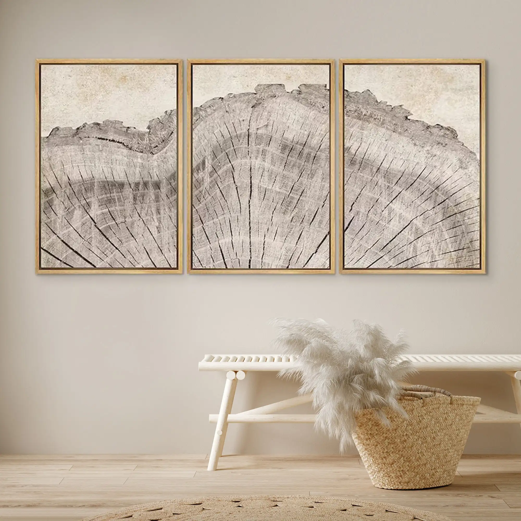 JIEKAI  DustinWay Framed Canvas Print Wall Art Set of 3 Oak Wood Tree Rings Illustrations Modern Art Neutral Boho Decor wall art