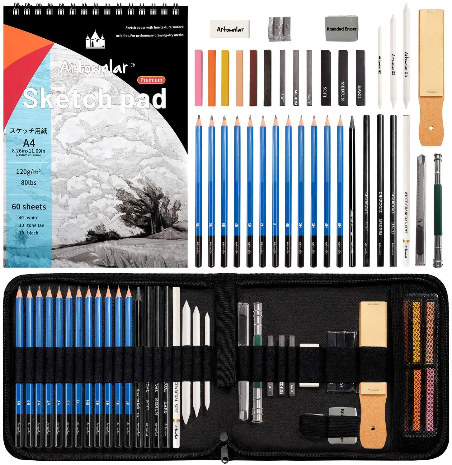 Professional 40 Pieces Sketching Supplies with 3-Color Sketchbook, Graphite Charcoal Pencils, Artist Kit for Adults Teens
