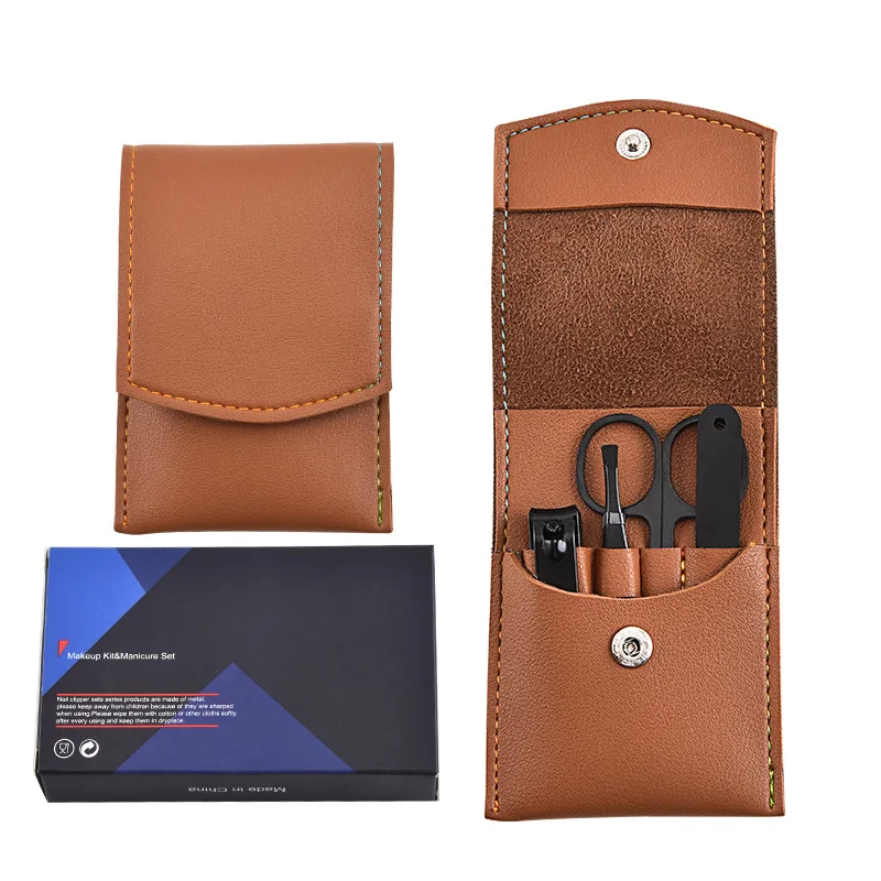 Factory nail clipper 4 pieces set nail scissors with folding PU leather bag beauty manicure nail file tools customized logo