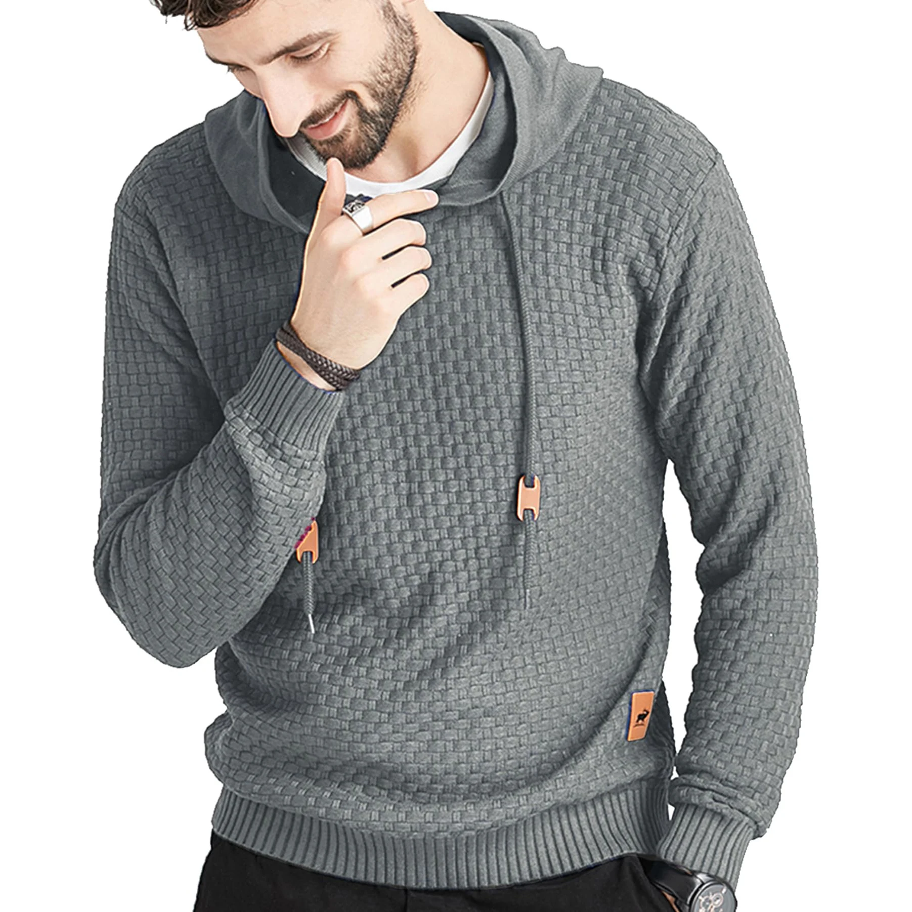 Mens Hooded Sweatshirt Long Sleeve Solid Knitted Hoodie Pullover Sweater