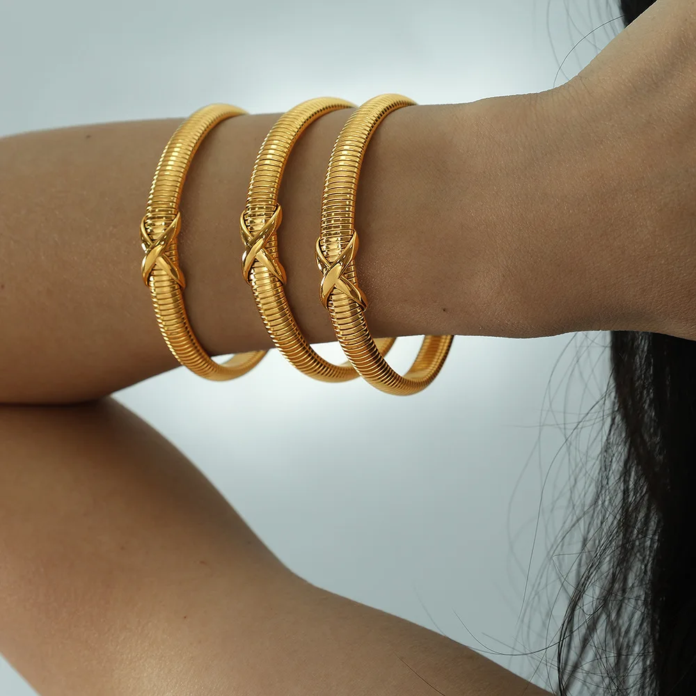 Trendy 18K Gold Filled Chunky Chain Cuff Bangle Stainless Steel Non Tarnish Waterproof Cross Knot Wristband Bracelet MK4152