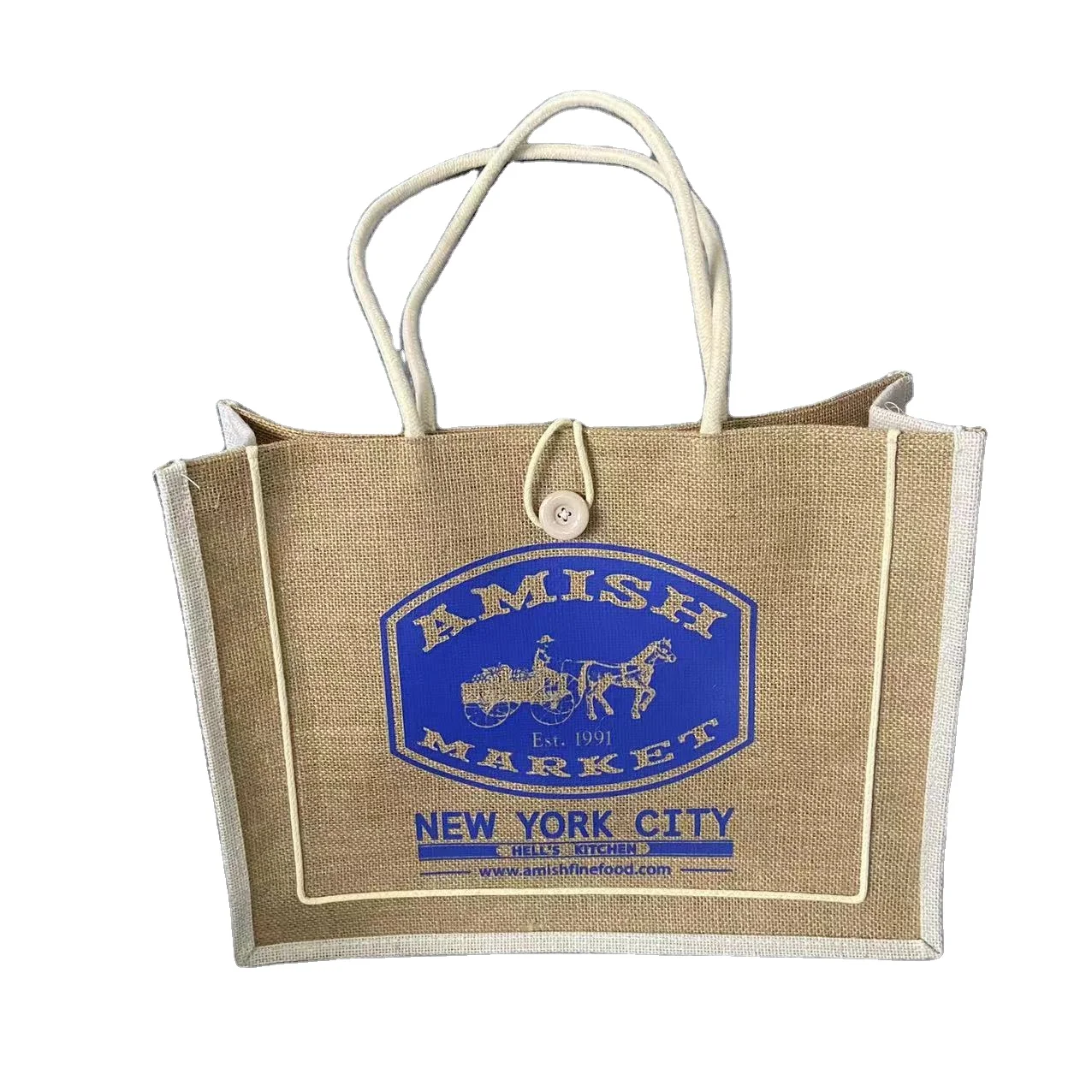 Wholesale Plain Hessian Shopper Bag Custom Printed Large Natural Eco Friendly Burlap Jute Shopping Tote Beach Bag With button