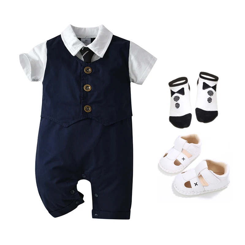 2022 Wholesale Cotton Toddler Baby Bodysuits Little Gentleman Cute Rompers Set Short Sleeve 1Y 2Y Infant Children Suit Boys