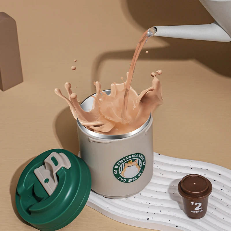 Custom stainless steel 304 safety pp fantastic designed drinking way store office cute cat iced coffee cups with lids