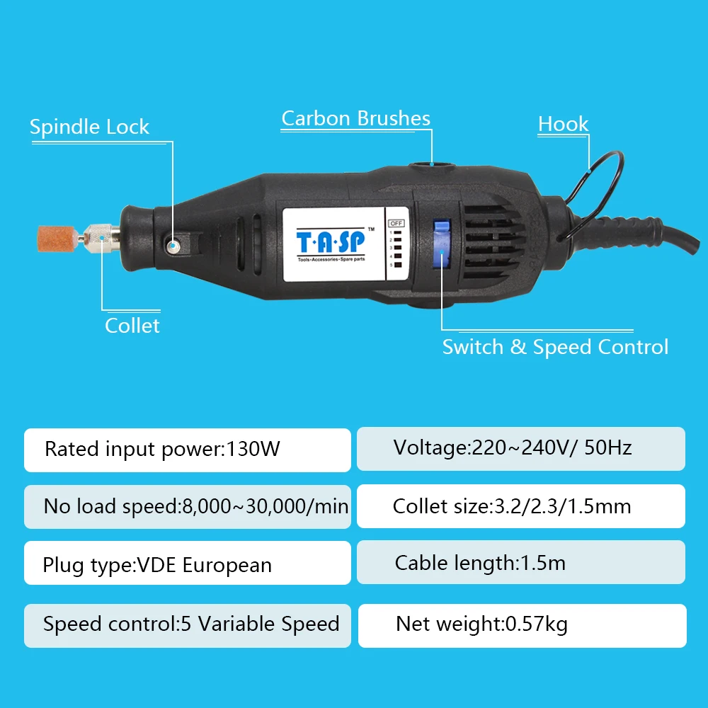 TASP 220V 130W Electric Mini Drill Set Variable Speed Engraver with  5pcs Accessories & Attachments Rotary Tool Kit