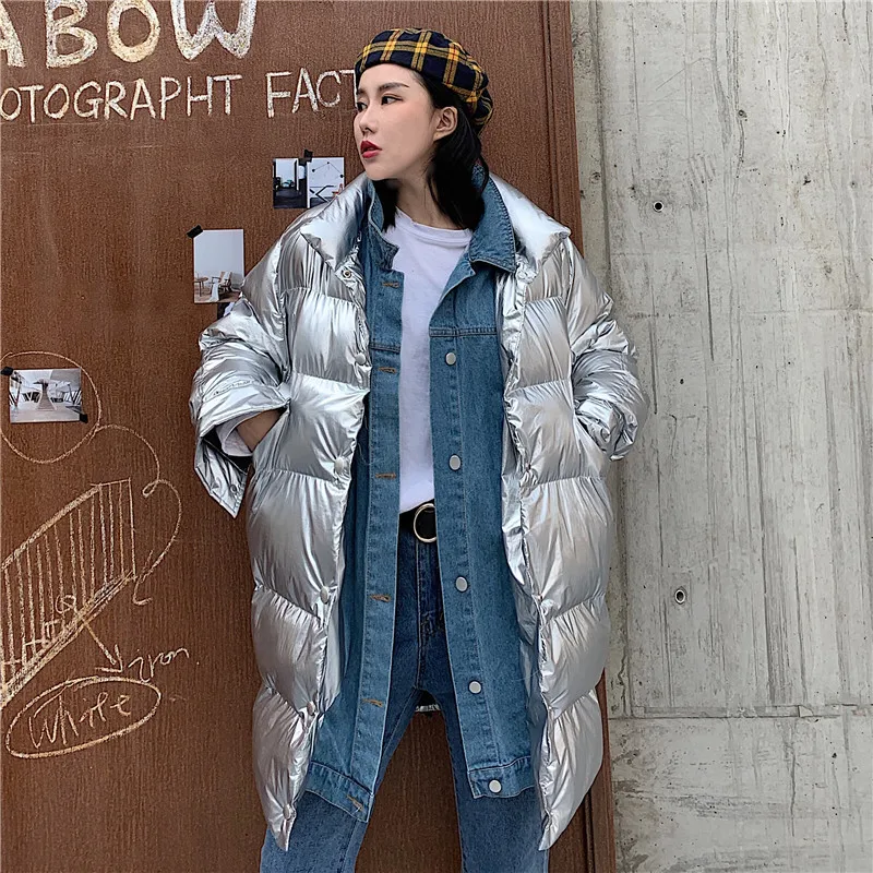 Fashion Winter Shiny Puffer Jacket Long Slim Warm Down Coat For Women