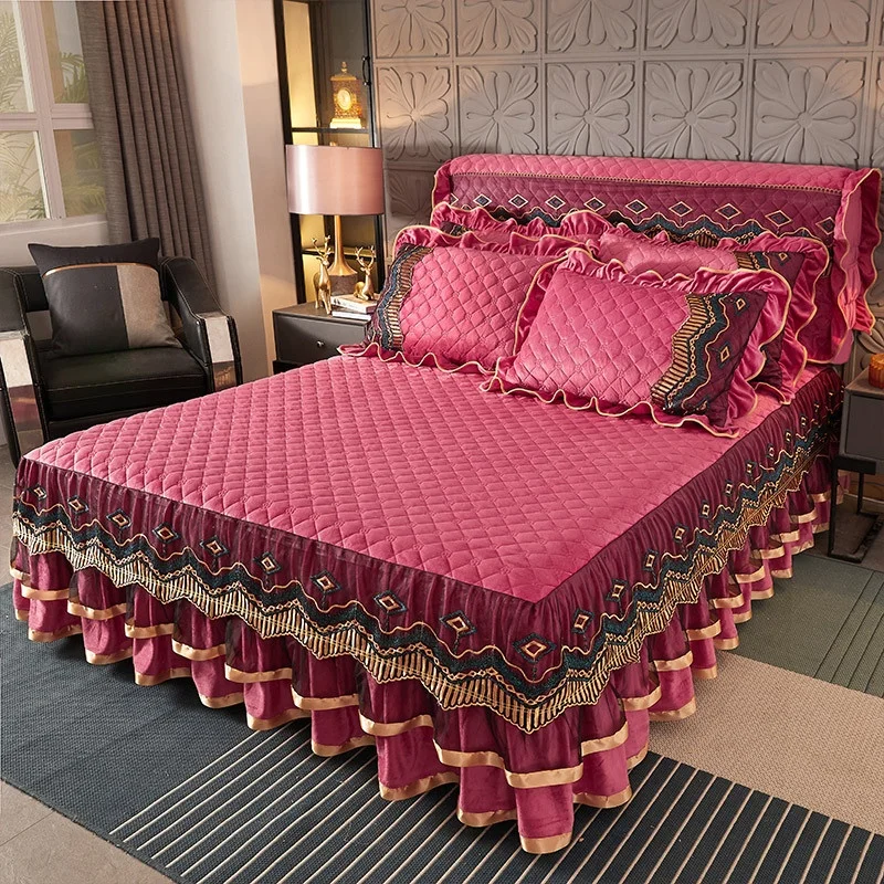Bed Spread Home Soft Bedding Set Embroidery Thickened Cotton Velvet Bedspreads  Bed Skirt Set