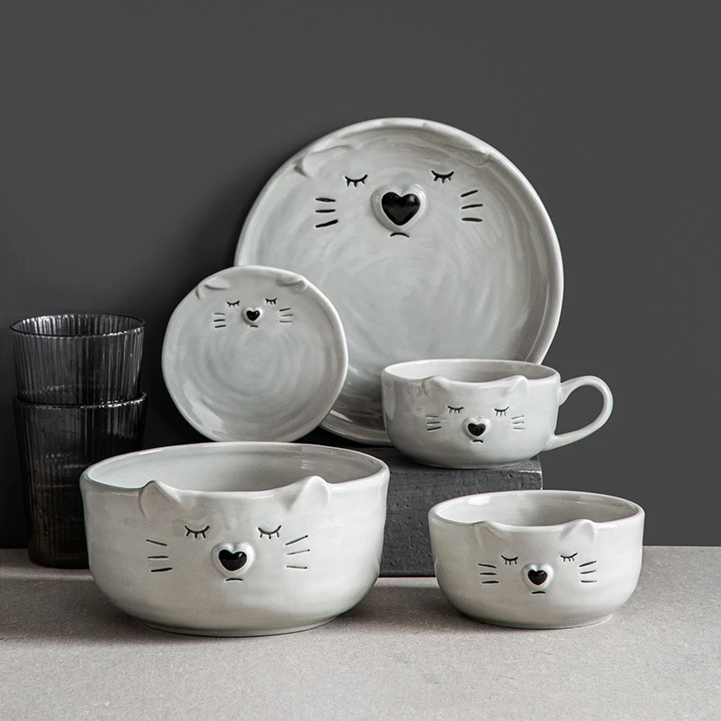 HCJ110 Korean cute dishes and kittens ceramic household tableware set Japanese creative cartoon ceramic dinnerware  set
