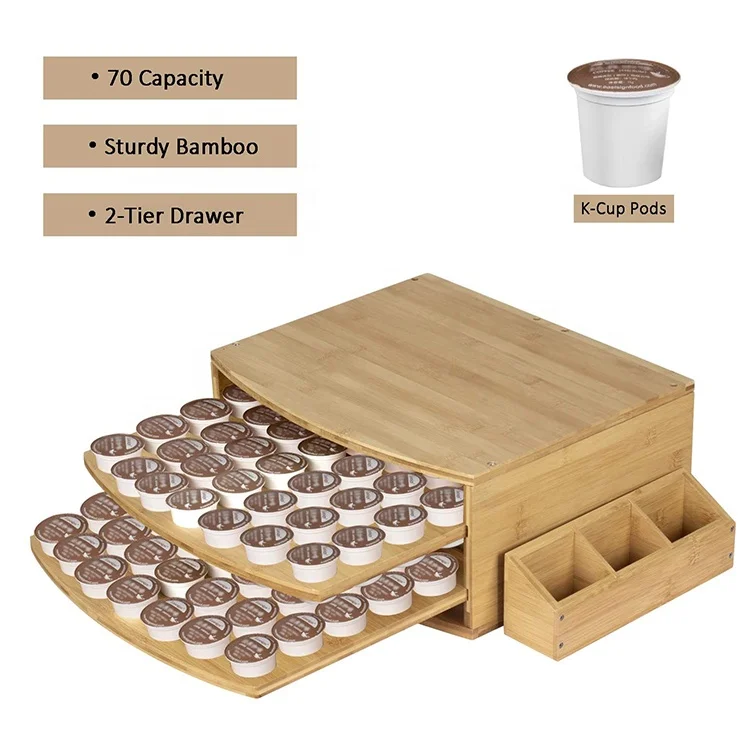 70 Capacity 2-Tier Drawer K-Cups Pods Coffee Organizer Coffee Station Bamboo Coffee Pods Capsules Holder Storage Box