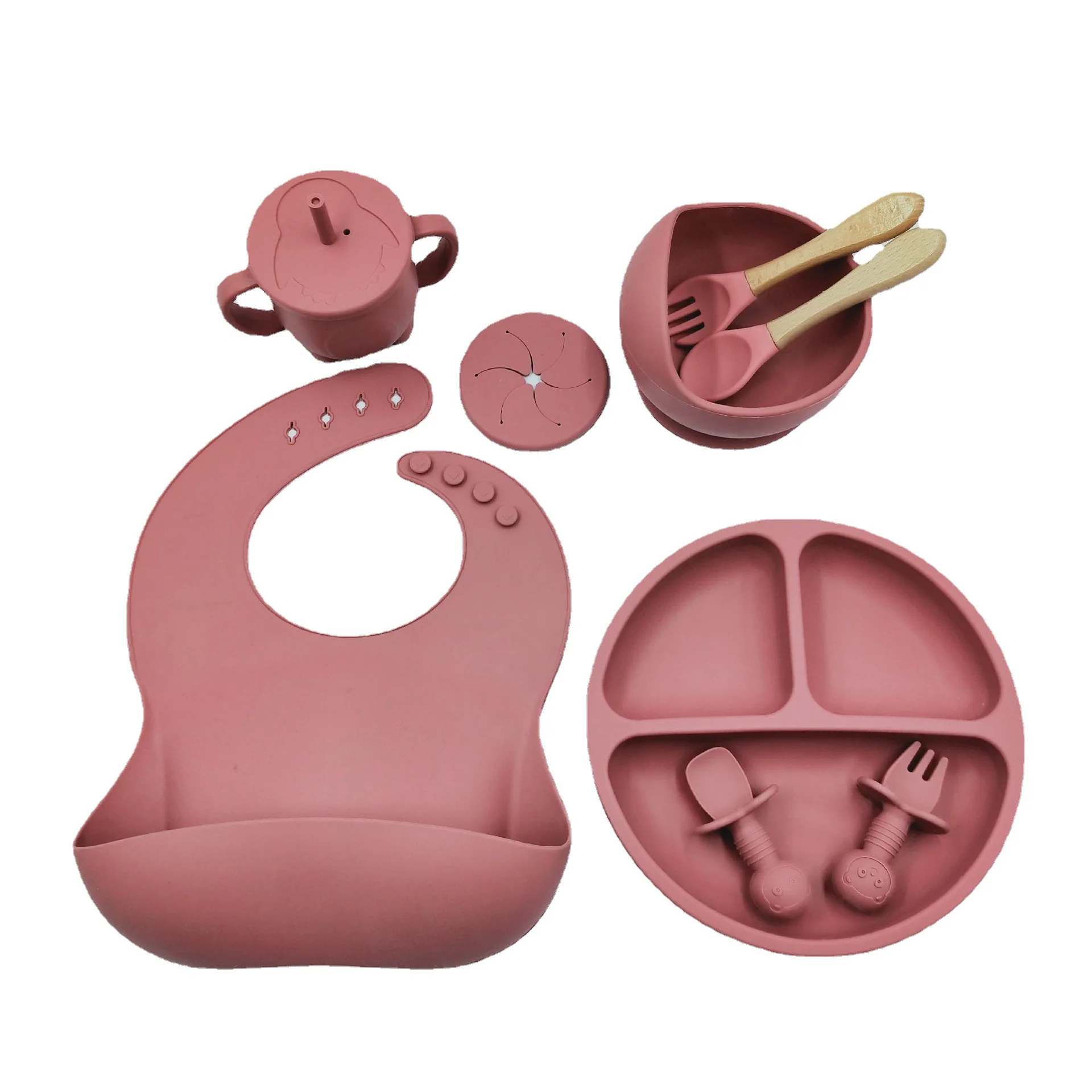 Hot selling silicone baby feeding tableware baby silicone bowl baby eating Bib dinner plate fork spoon water cup set
