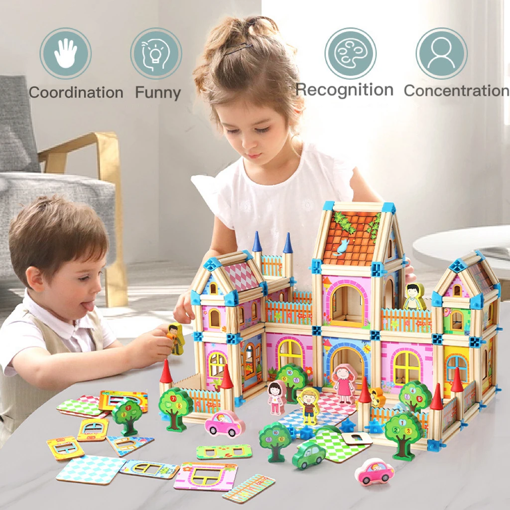 House Building Block Sets 3D Jigsaw Puzzles Educational Toys Hot Sale Wooden for Kids Color Box Wood Unisex Colorful HUIFENG