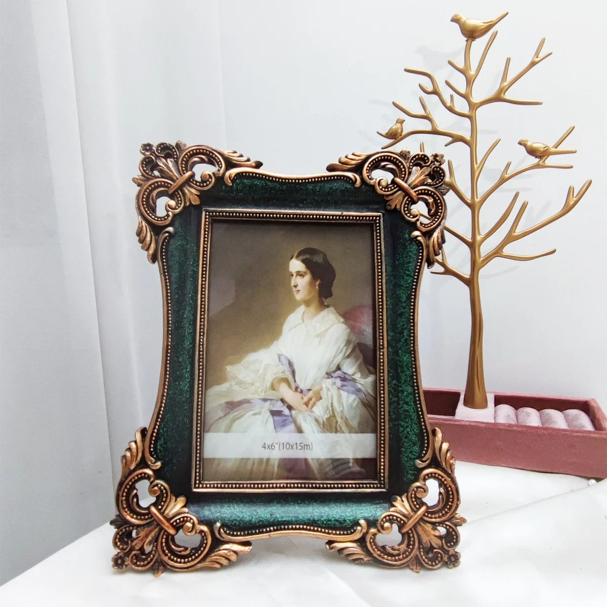 vintage picture frame 6in 7in retro rose green  vintage gold carved resin photo frame baroque for table decoration