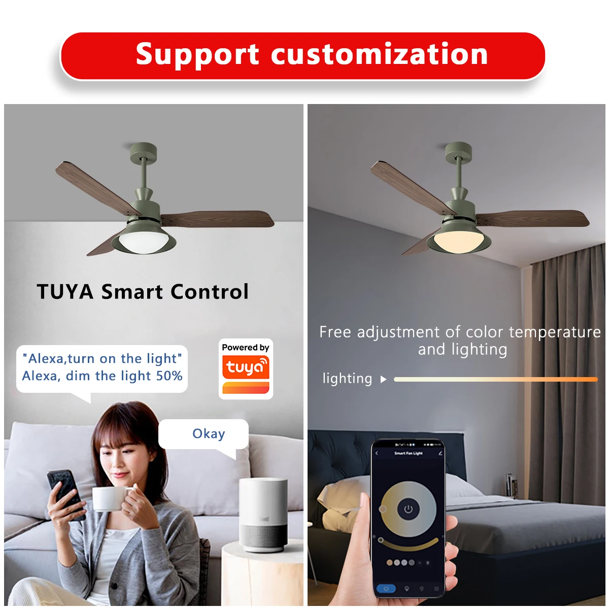 SLYNN Smart Home Control 3 Colors Led Source 3 Fan Speed Dual Direction AC Fan Ceiling with Light