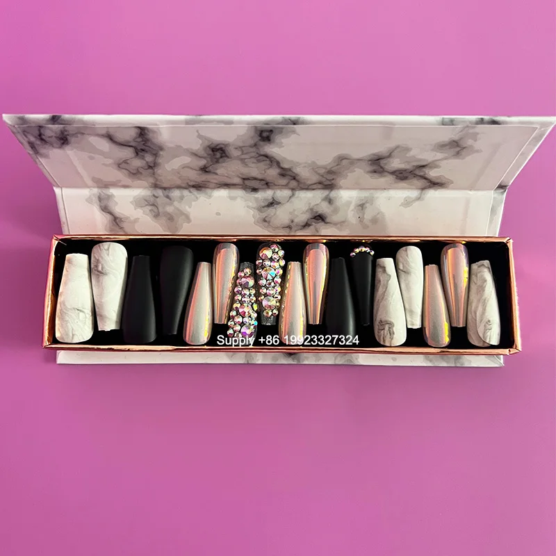 Luxury designer press on nails with rhinestones artificial fingernails french on false nails with stones