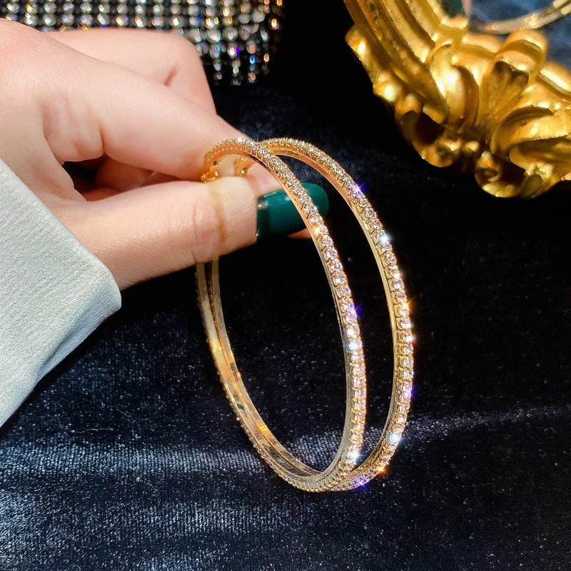  Fashion Statement Jewelry S925 Post Crystal Big Round Hoop Earrings 7.3CM Geometric Rhinestone
