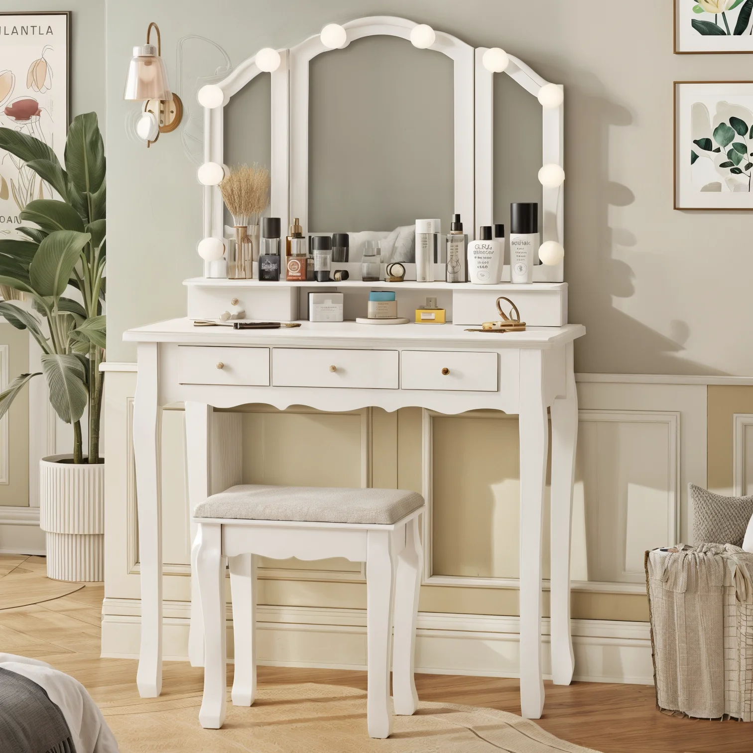 Makeup Vanity with Lighted Mirror & Stool, White Vanity Desk Set with 5 Drawers, 3 Light Settings, Adjustable Brightness