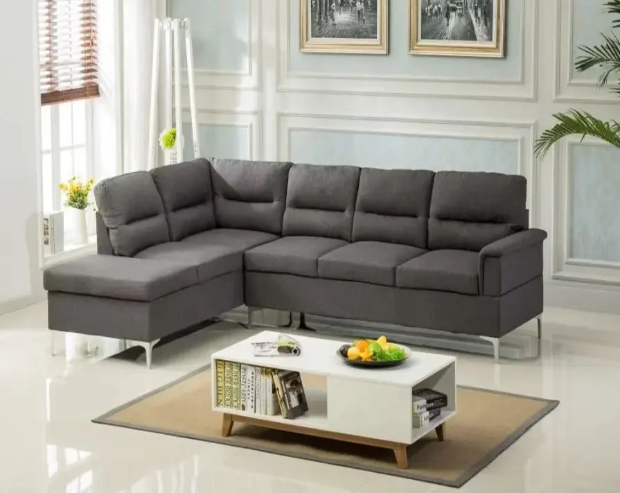 Hot sale modern living room sofa chaise lounge L shaped sofa sets black leather and fabric sectional corner sofa