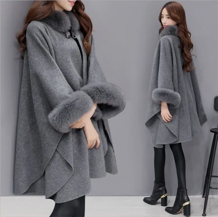 YQ175 free shipping New Winter Womens Parka Casual Wool Coat Women Fur Coats Woman Clothes Cloak Shawl Poncho Jacket