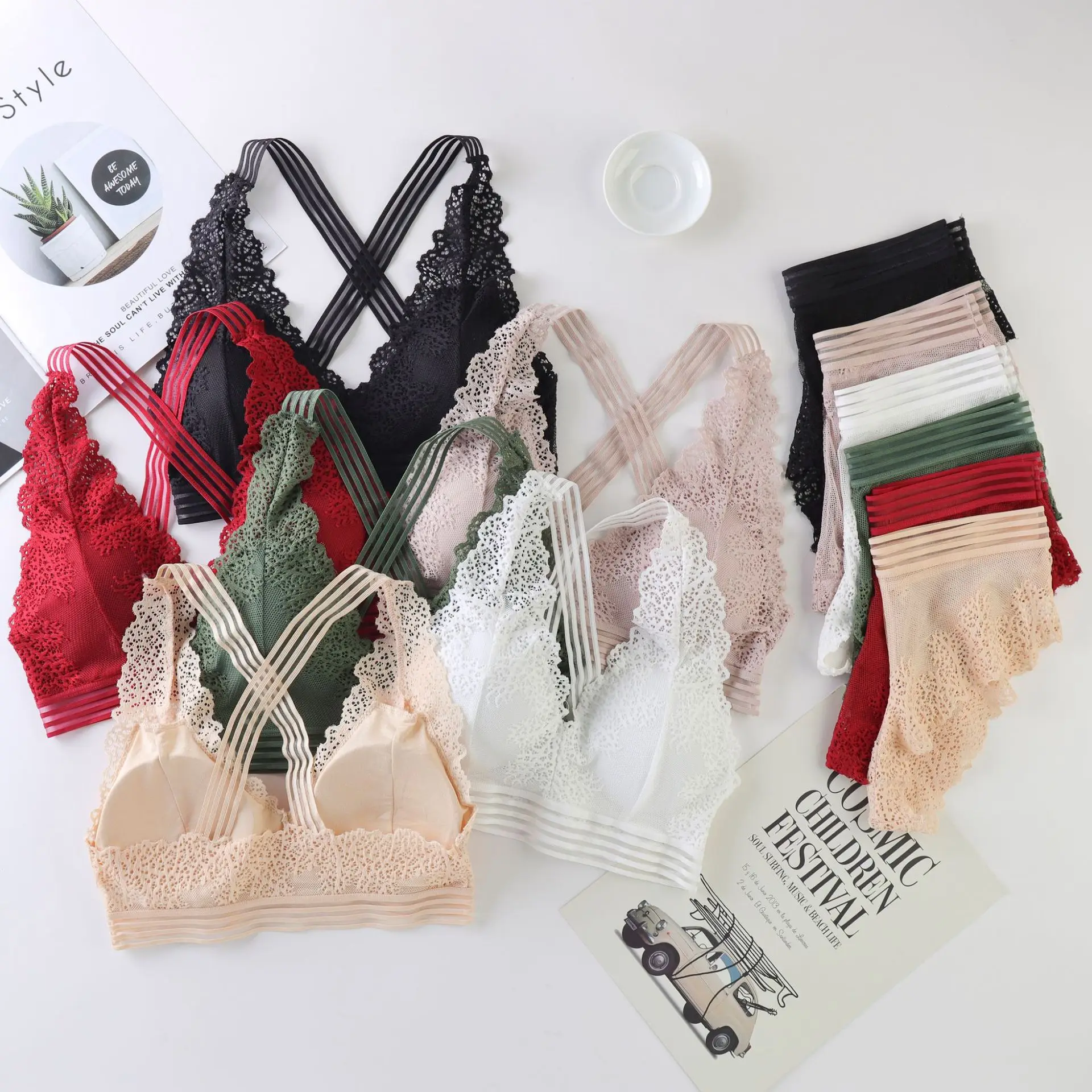 Deep V neck lace brallet bra panty set fashion embroidery lace triangle halter bra brief set wireless bra with removable pads