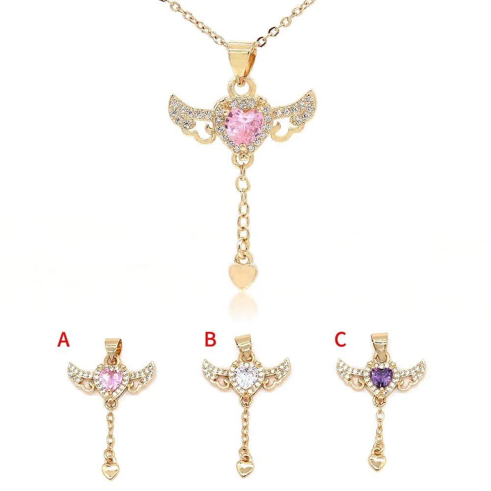 Fashion Cupid Angel Wings Tassel Love Pendant Heart Necklace Moving Small Wings Chain Zircon Necklace for Women Clavicle Chain