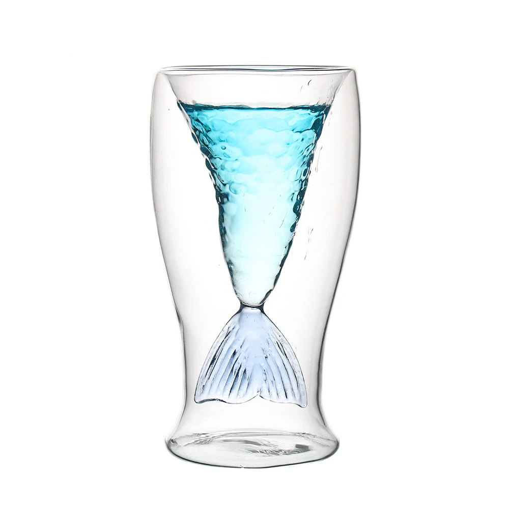 Double Wall Glass Cup Fishtail Cup Shot Glasses Colorful High Borosilicate  Tableware American Style Stock Glass Goblet