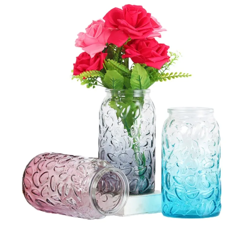 
Home Party Wedding Decor Round Embossed Coloures Glass Vases For Flowers 