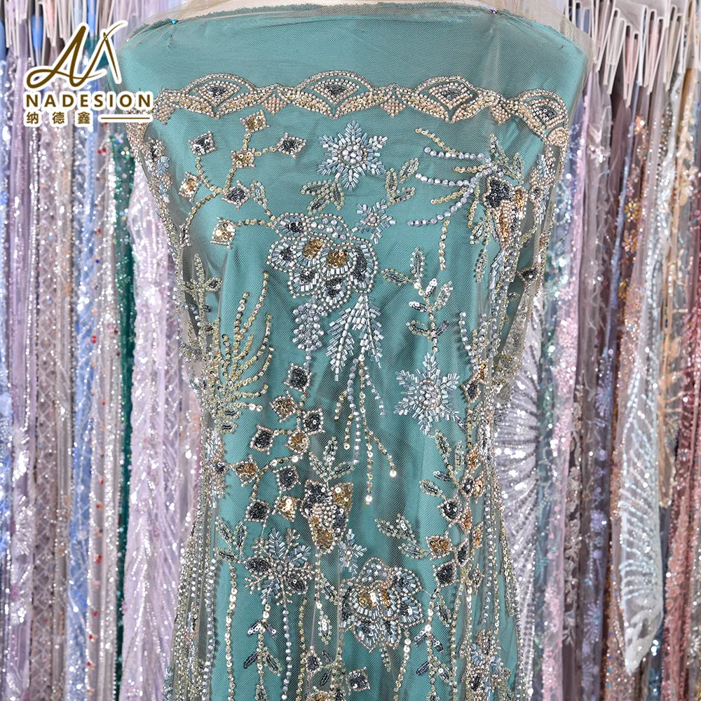 New Design Beaded Net Lace Wedding Dress Colorful Pearls Beaded Embroidered Lace Fabric For Women Party Dress