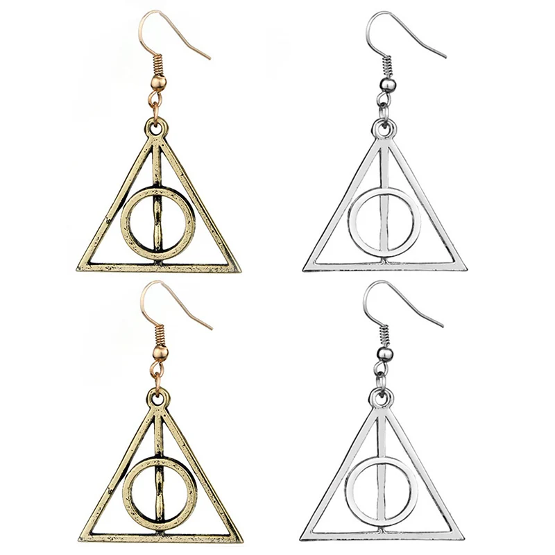 Luna Deathly Hallows Triangle Stud Earrings For Women Hot Movie HP7 Fashion Jewelry Geometrical Golden Silver Color Ear Drops