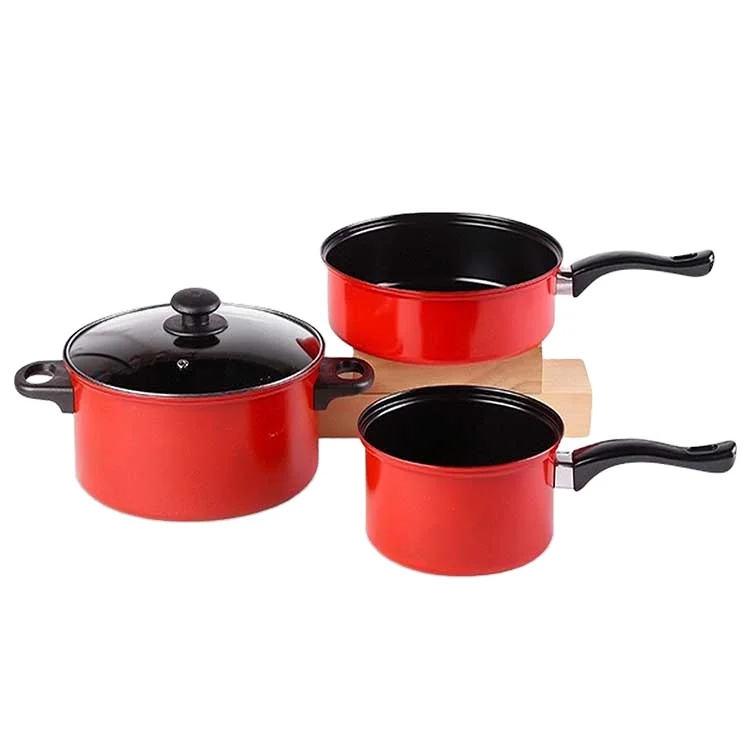 3pcs Kitchen red Nonstick cookware Sets  with Saucepans Frying Pans Oven Pot with Lids for Soup Pasta Stock